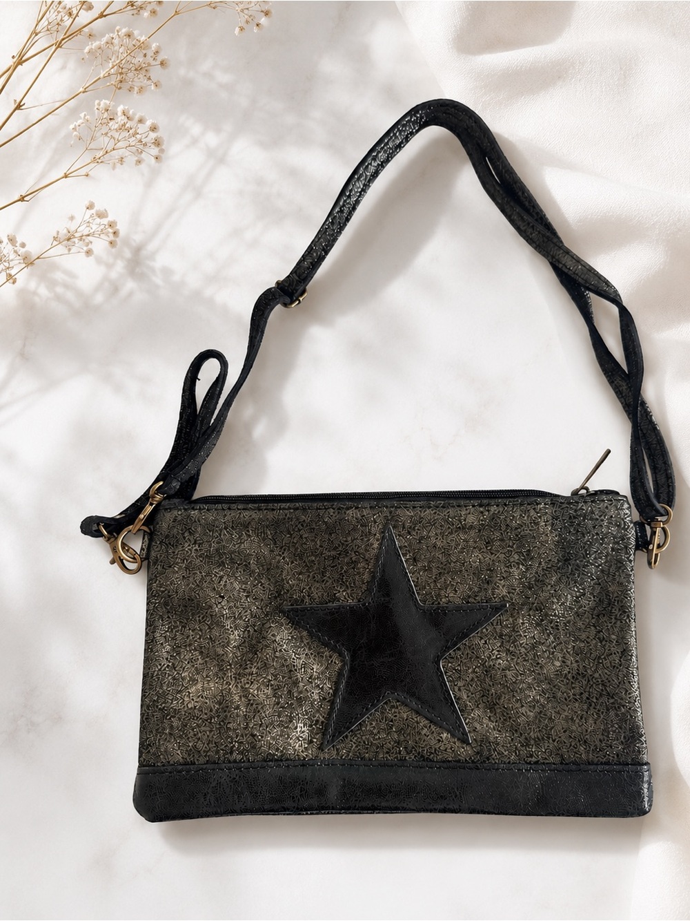 Metallic Black Star Accent Crossbody Clutch - Women's genuine leather bag